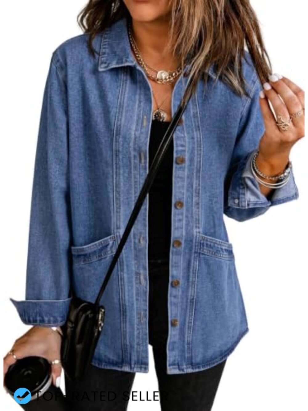 Womens Oversized Denim Jacket Cotton Blend Button Down Coat